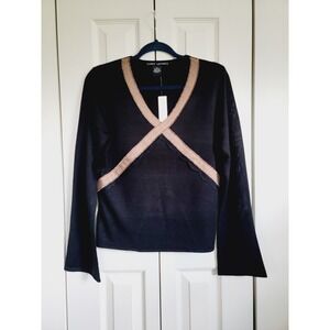Larry Levine M‎ Sweater Women's Black Long Sleeve Brown V Neck NWT $50RV